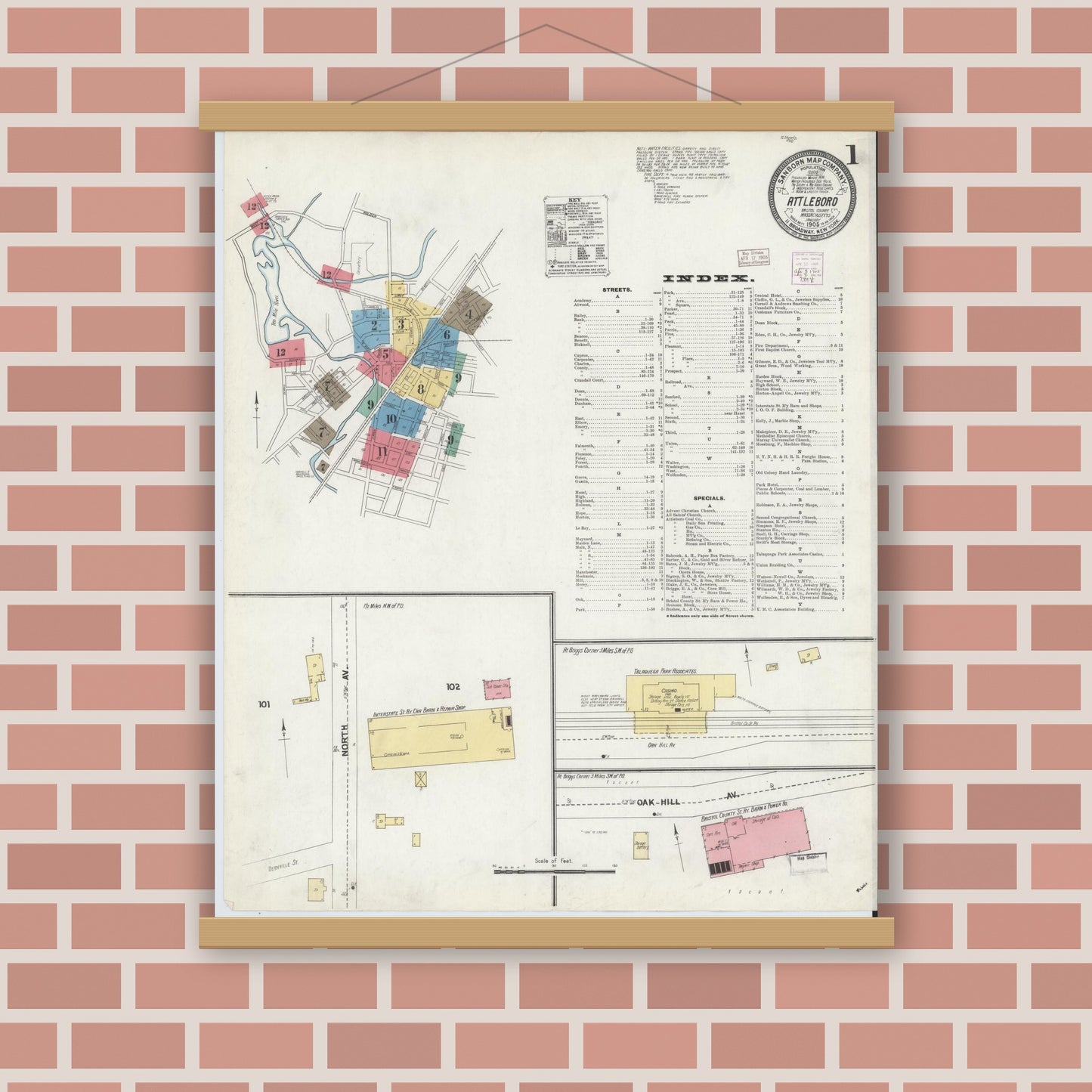 Old map wall art mockup — magnetic wood frame on brick wall — Sanborn Fire Insurance Map from Attleboro, Bristol County, Massachusetts (1905) - Complete Map Set