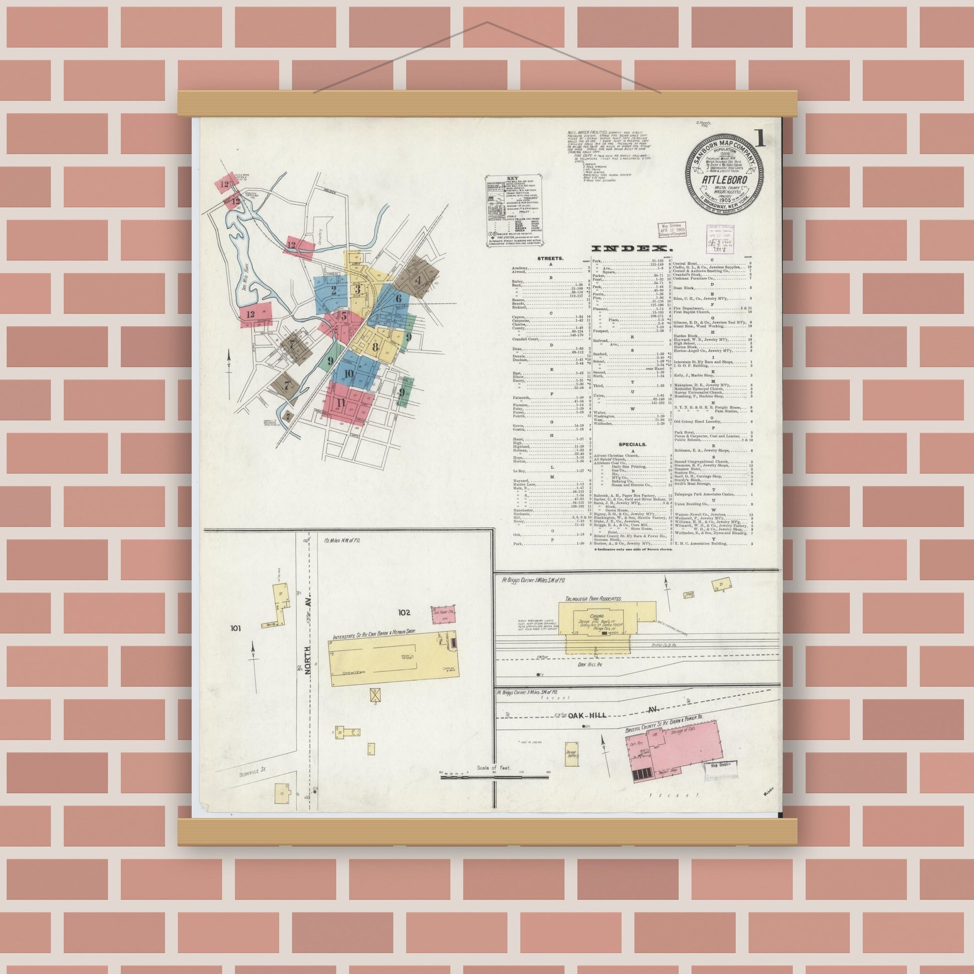 Old map wall art mockup — magnetic wood frame on brick wall — Sanborn Fire Insurance Map from Attleboro, Bristol County, Massachusetts (1905) - Complete Map Set
