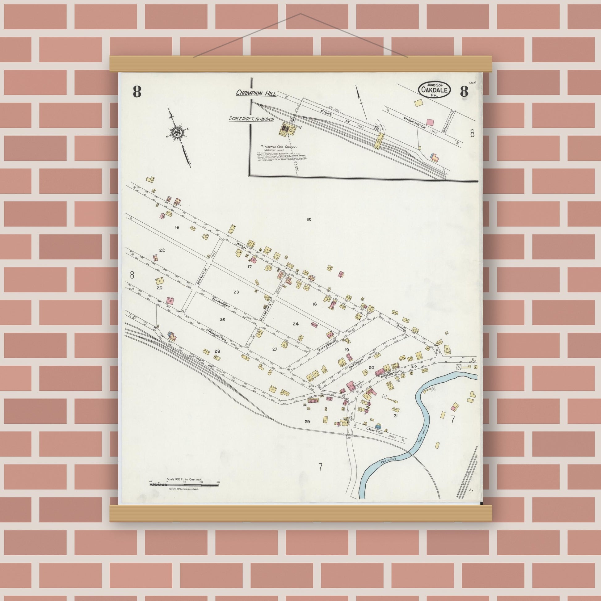Old map wall art mockup — magnetic wood frame on brick wall — Sanborn Fire Insurance Map from Oakdale, Allegheny County, Pennsylvania (1924), Sheet #0008