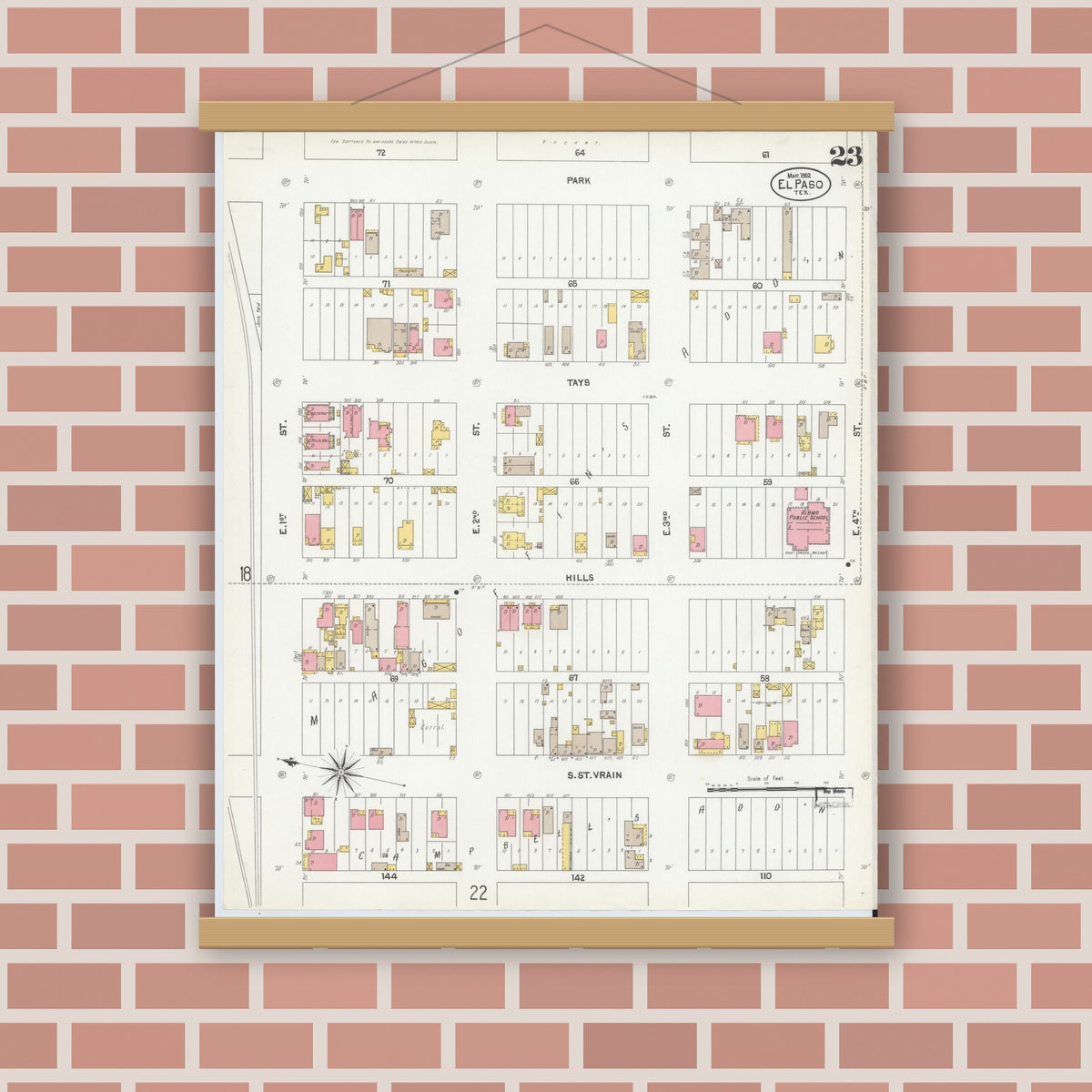 Old map wall art mockup — magnetic wood frame on brick wall — Sanborn Fire Insurance Map from El Paso, El Paso County, Texas (1902), Sheet #0023
