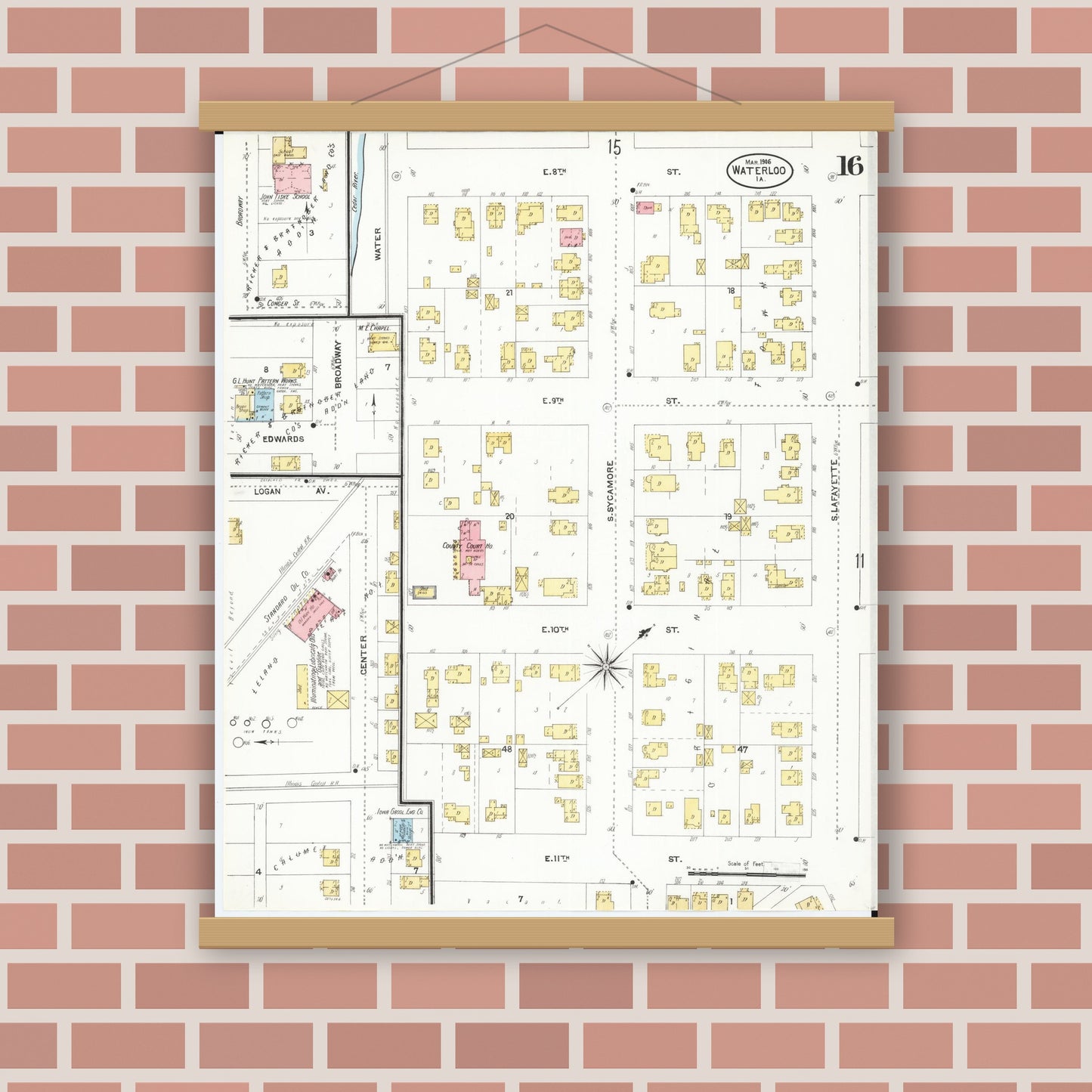 Old map wall art mockup — magnetic wood frame on brick wall — Sanborn Fire Insurance Map from Waterloo, Black Hawk County, Iowa (1906), Sheet #0016