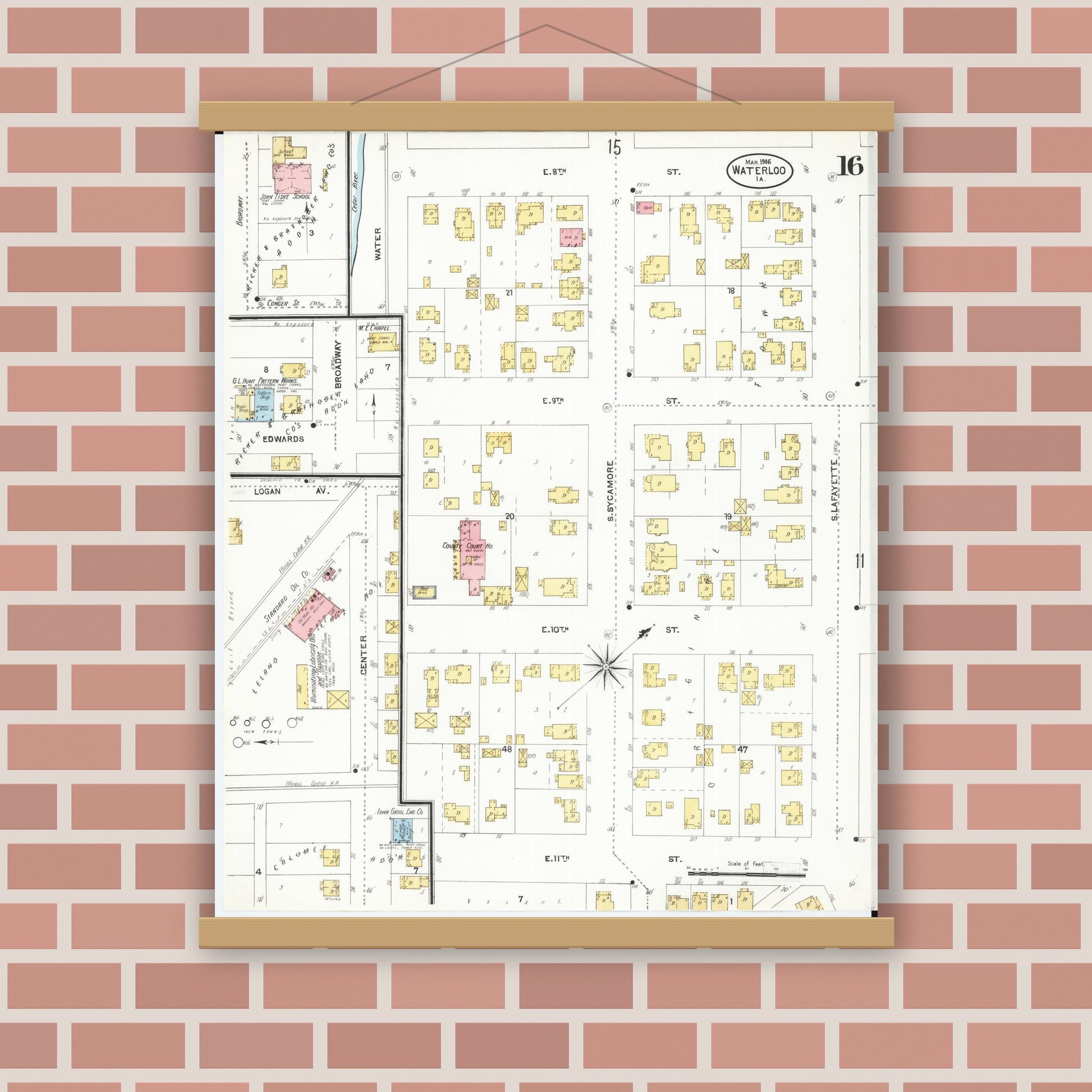 Old map wall art mockup — magnetic wood frame on brick wall — Sanborn Fire Insurance Map from Waterloo, Black Hawk County, Iowa (1906), Sheet #0016