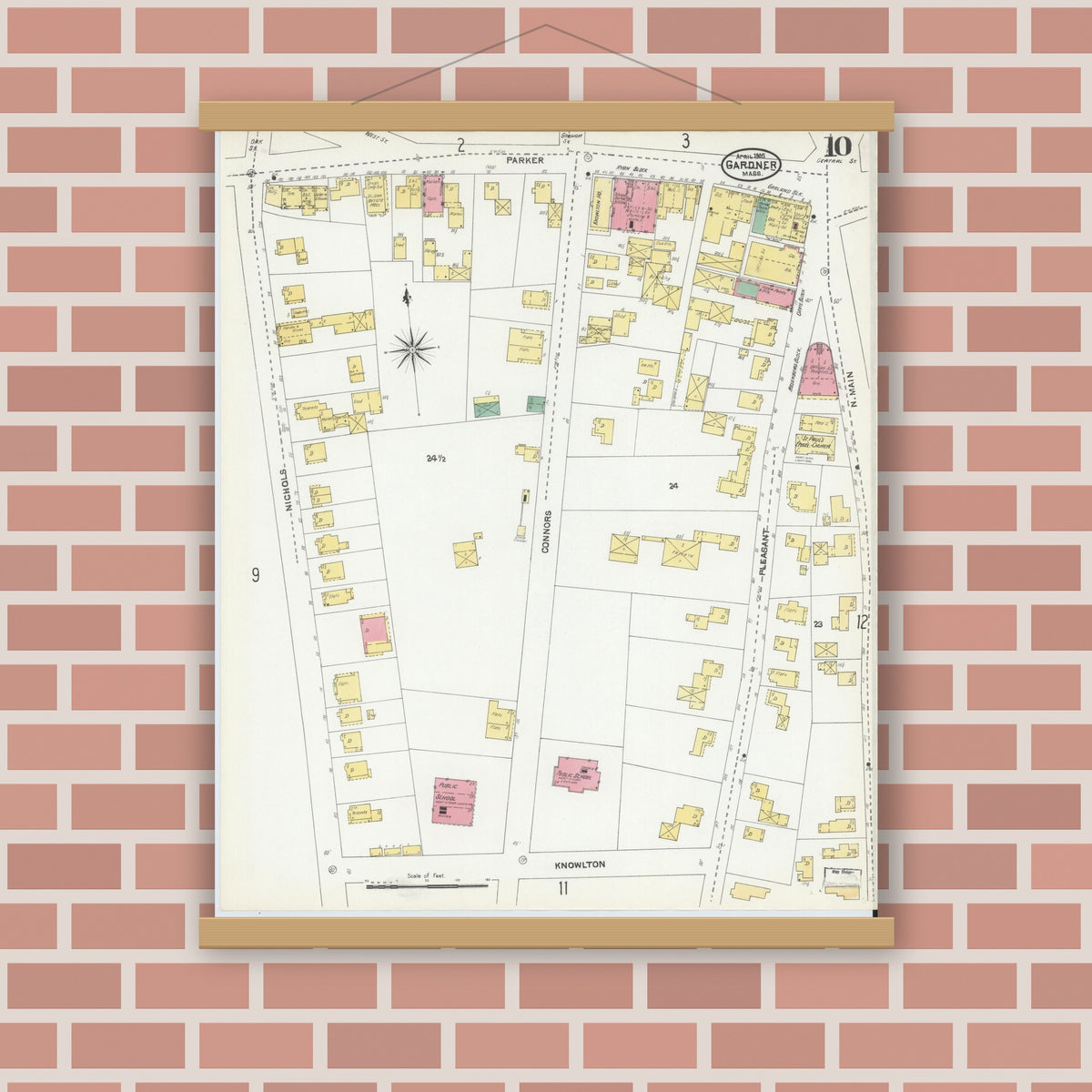 Old map wall art mockup — magnetic wood frame on brick wall — Sanborn Fire Insurance Map from Gardner, Worcester County, Massachusetts (1905), Sheet #0010