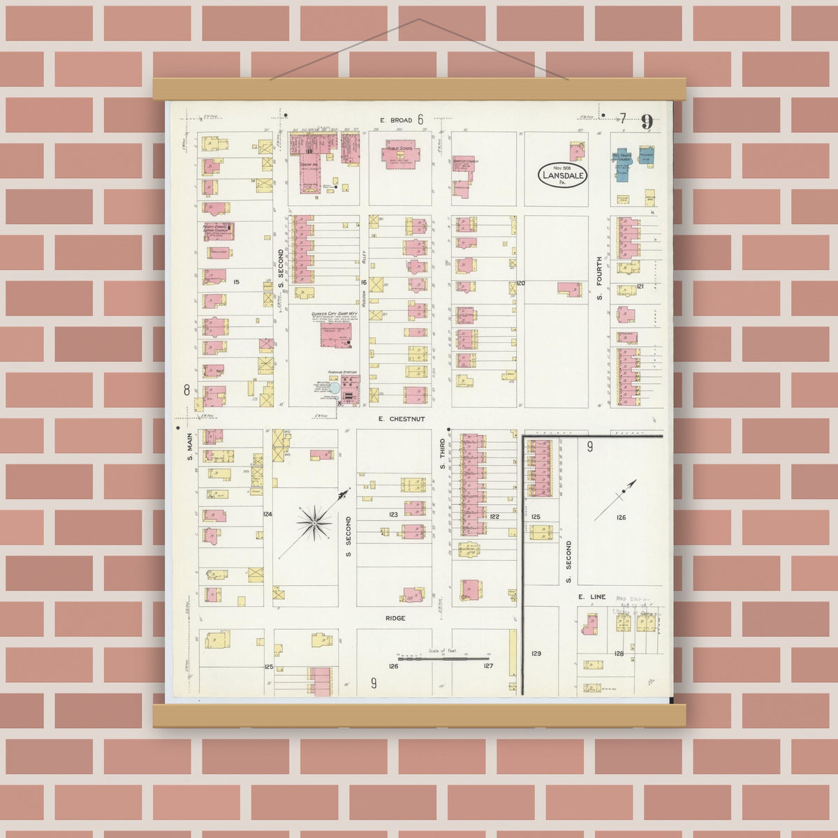 Old map wall art mockup — magnetic wood frame on brick wall — Sanborn Fire Insurance Map from Lansdale, Montgomery County, Pennsylvania (1912), Sheet #0009