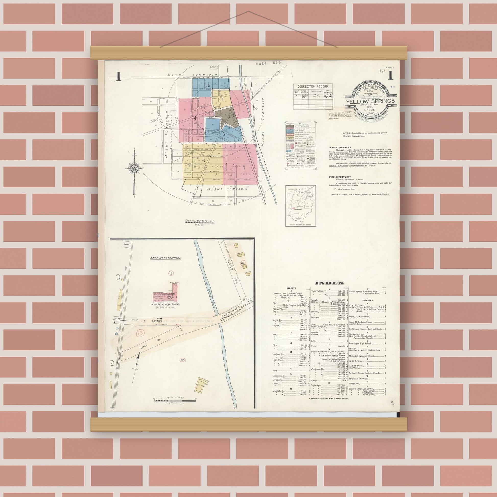 Old map wall art mockup — magnetic wood frame on brick wall — Sanborn Fire Insurance Map from Yellow Springs, Greene County, Ohio (1945), Sheet #0001