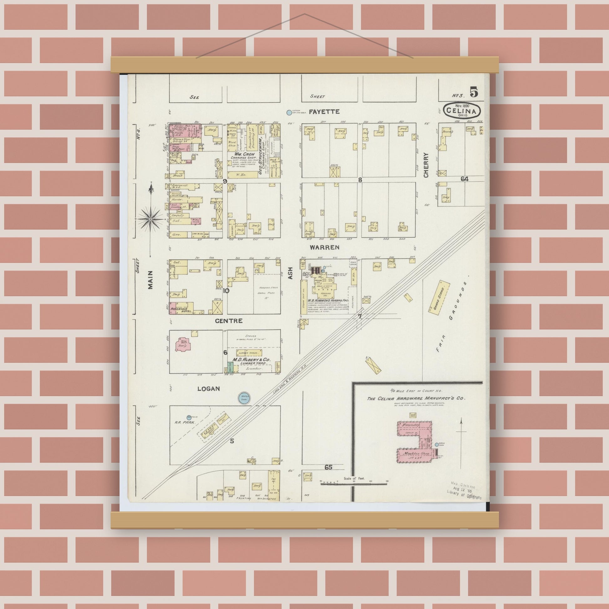 Old map wall art mockup — magnetic wood frame on brick wall — Sanborn Fire Insurance Map from Celina, Mercer County, Ohio (1890), Sheet #0005