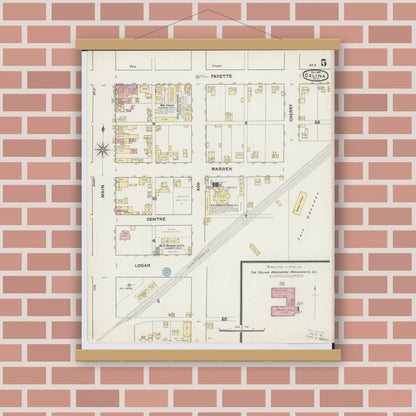 Old map wall art mockup — magnetic wood frame on brick wall — Sanborn Fire Insurance Map from Celina, Mercer County, Ohio (1890), Sheet #0005