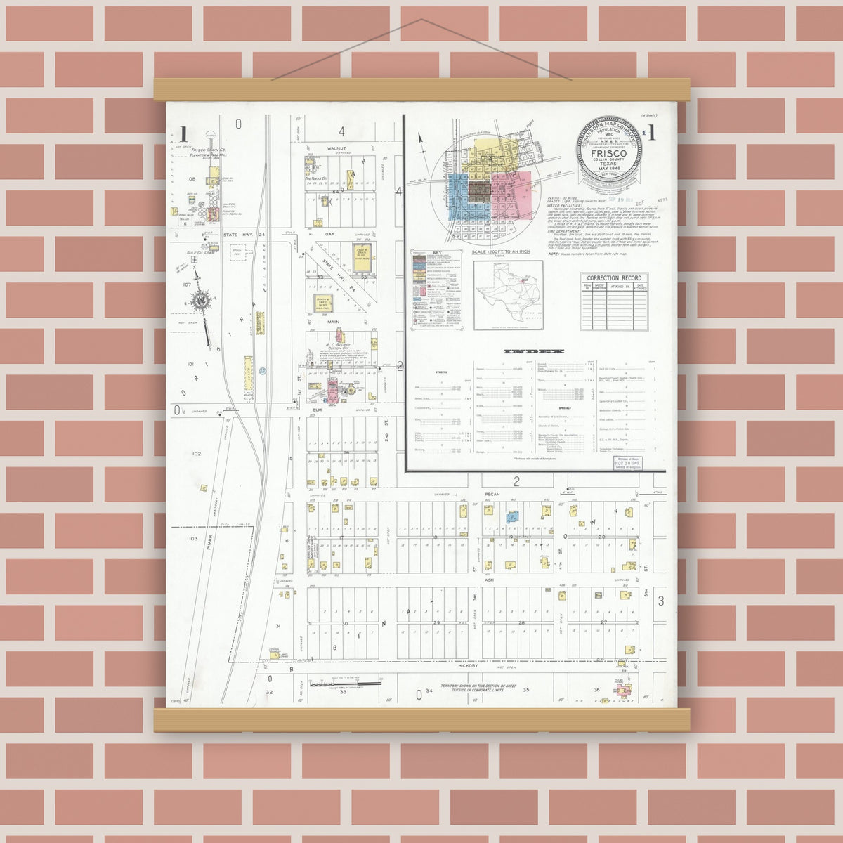 Old map wall art mockup — magnetic wood frame on brick wall — Sanborn Fire Insurance Map from Frisco, Collin County, Texas (1949) - Complete Map Set