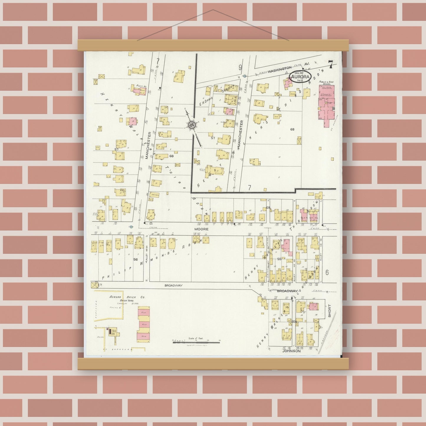 Old map wall art mockup — magnetic wood frame on brick wall — Sanborn Fire Insurance Map from Aurora, Dearborn County, Indiana (1917), Sheet #0007
