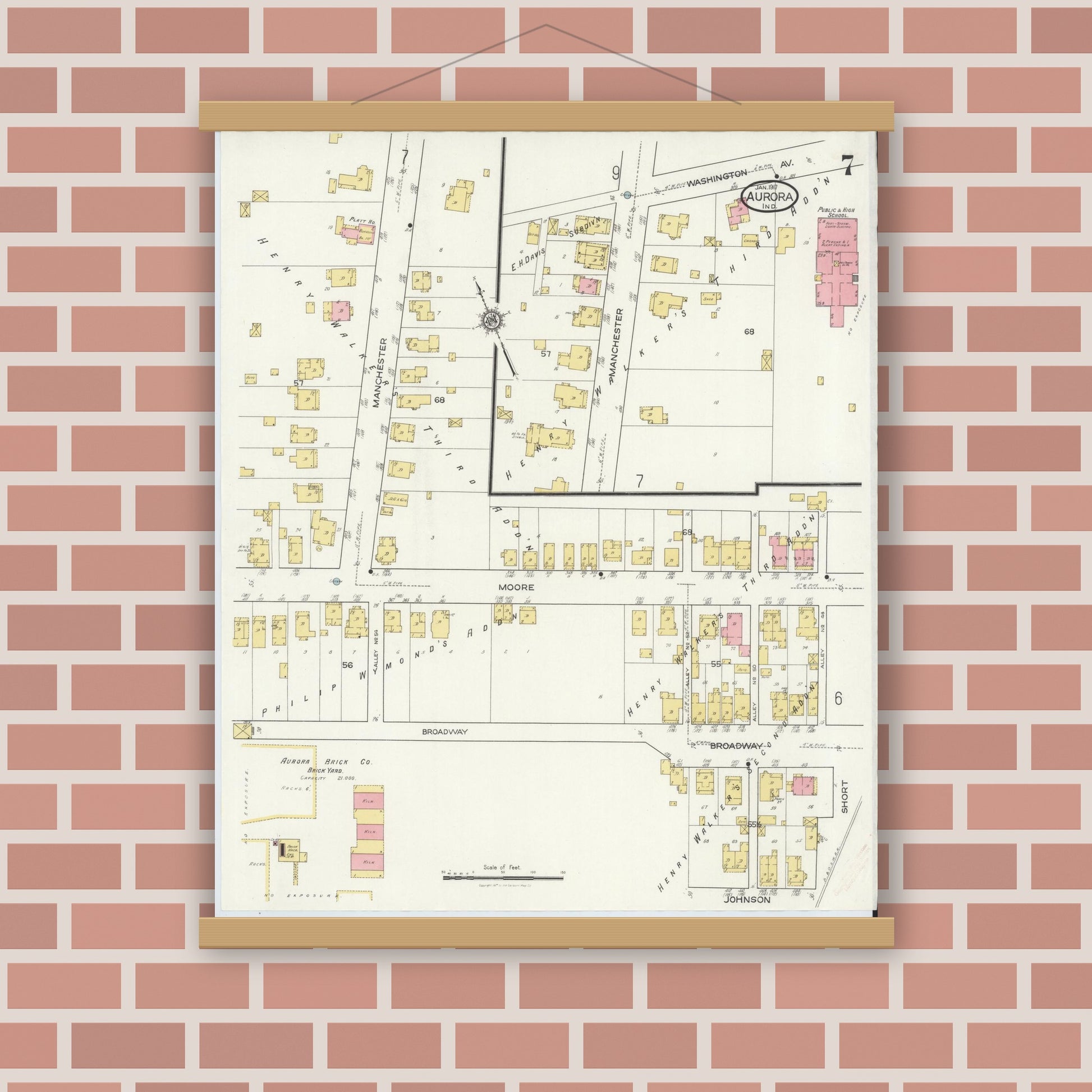 Old map wall art mockup — magnetic wood frame on brick wall — Sanborn Fire Insurance Map from Aurora, Dearborn County, Indiana (1917), Sheet #0007