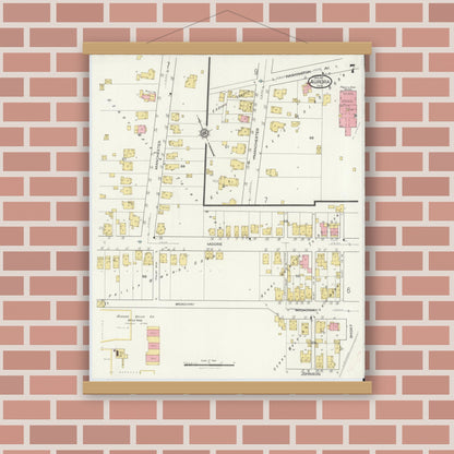 Old map wall art mockup — magnetic wood frame on brick wall — Sanborn Fire Insurance Map from Aurora, Dearborn County, Indiana (1917), Sheet #0007
