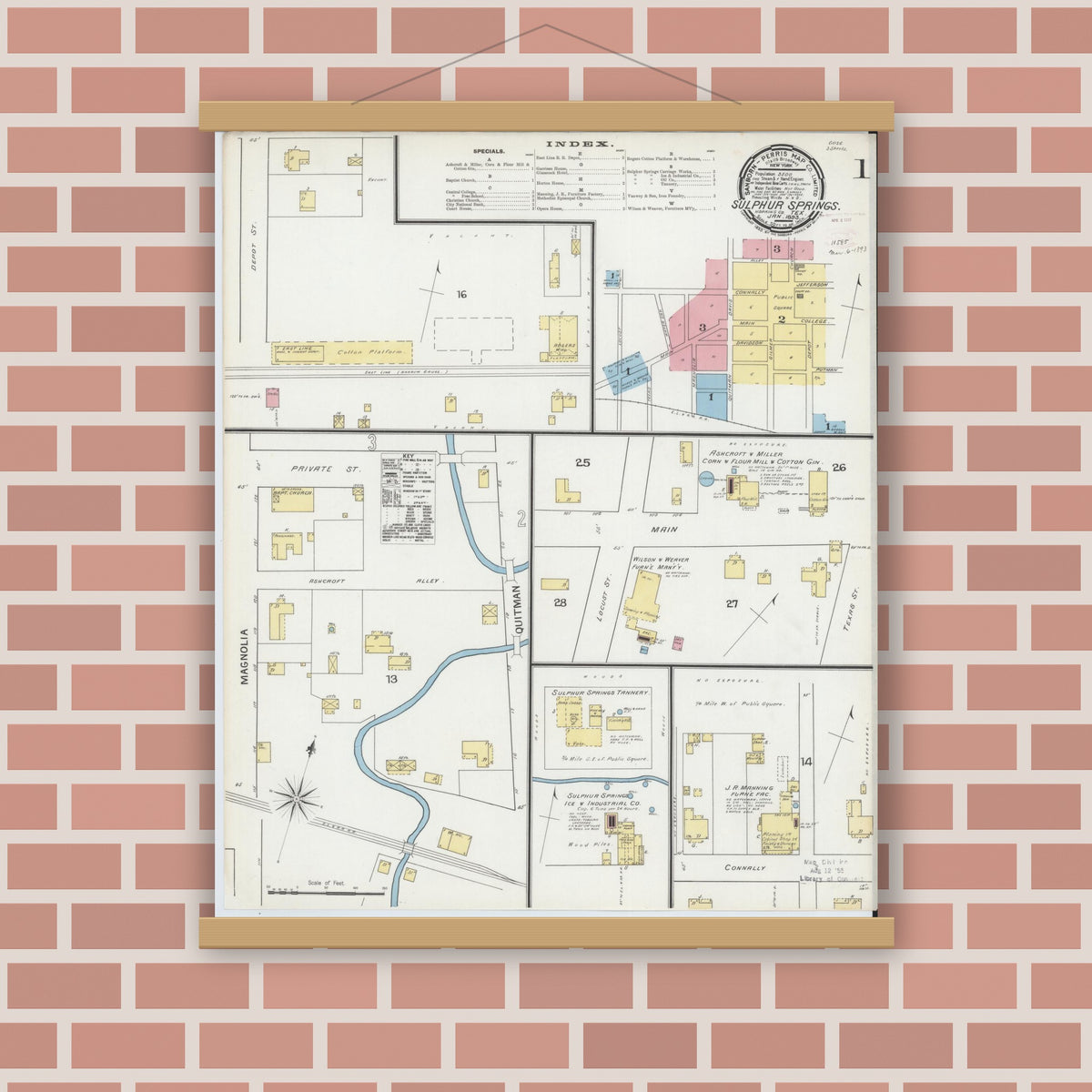Old map wall art mockup — magnetic wood frame on brick wall — Sanborn Fire Insurance Map from Sulphur Springs, Hopkins County, Texas (1893) - Complete Map Set