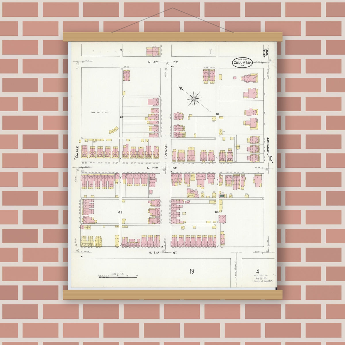 Old map wall art mockup — magnetic wood frame on brick wall — Sanborn Fire Insurance Map from Columbia, Lancaster County, Pennsylvania (1909), Sheet #0003