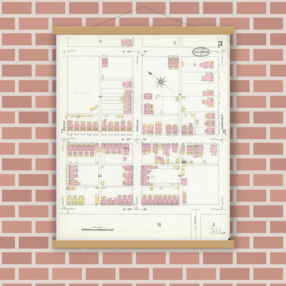 Old map wall art mockup — magnetic wood frame on brick wall — Sanborn Fire Insurance Map from Columbia, Lancaster County, Pennsylvania (1909), Sheet #0003