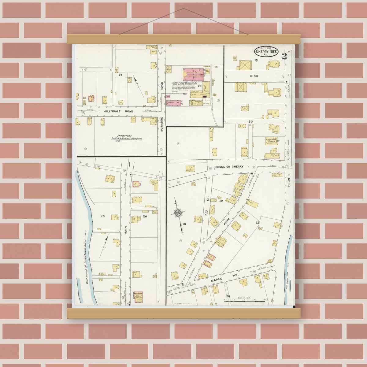 Old map wall art mockup — magnetic wood frame on brick wall — Sanborn Fire Insurance Map from Cherry Tree, Indiana County, Pennsylvania (1916), Sheet #0002