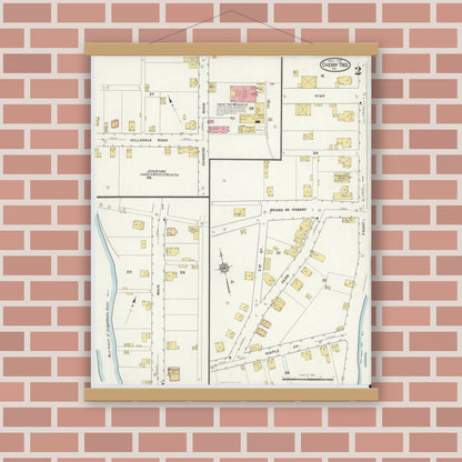 Old map wall art mockup — magnetic wood frame on brick wall — Sanborn Fire Insurance Map from Cherry Tree, Indiana County, Pennsylvania (1916), Sheet #0002