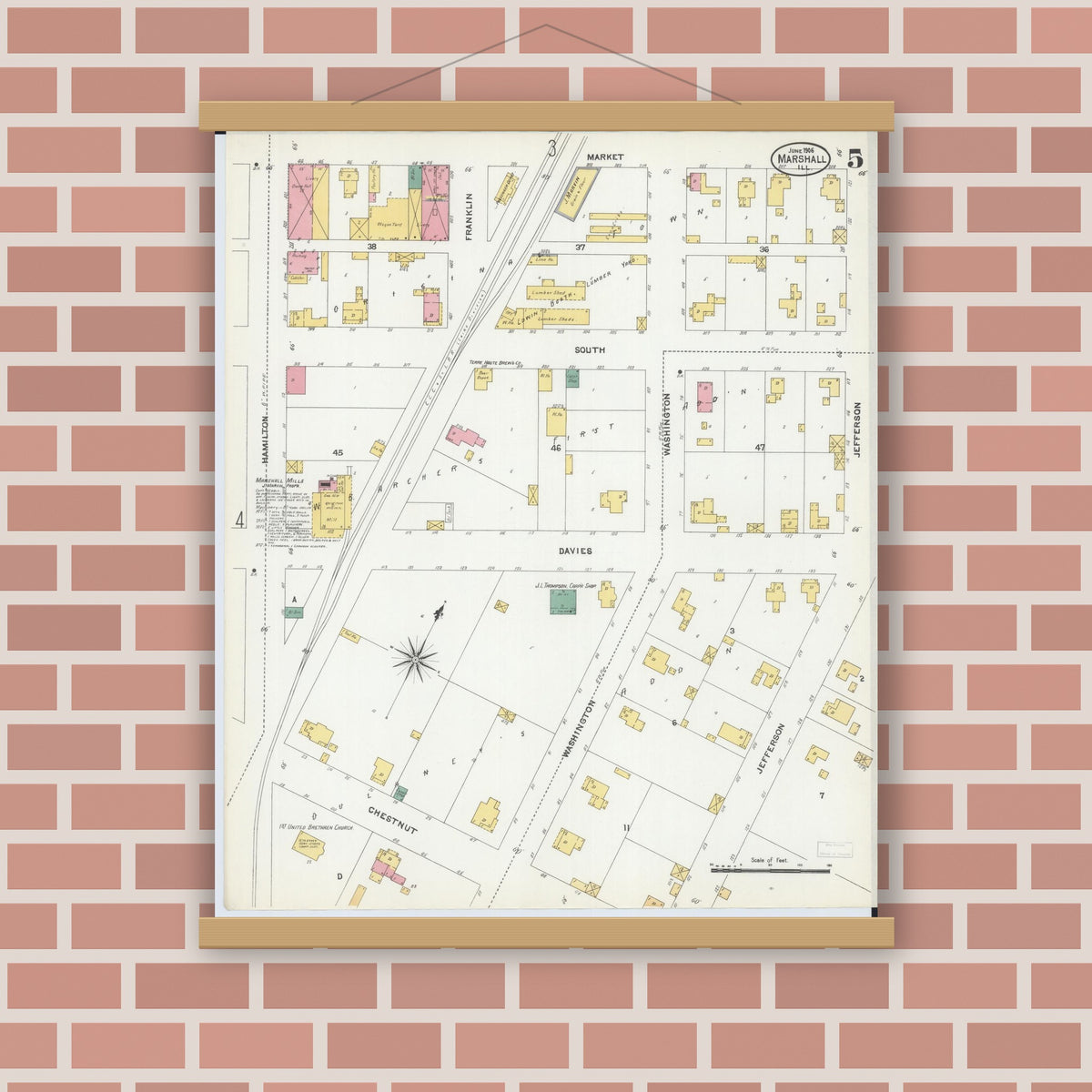 Old map wall art mockup — magnetic wood frame on brick wall — Sanborn Fire Insurance Map from Marshall, Clark County, Illinois (1906), Sheet #0005