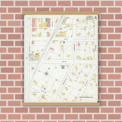 Old map wall art mockup — magnetic wood frame on brick wall — Sanborn Fire Insurance Map from Marshall, Clark County, Illinois (1906), Sheet #0005