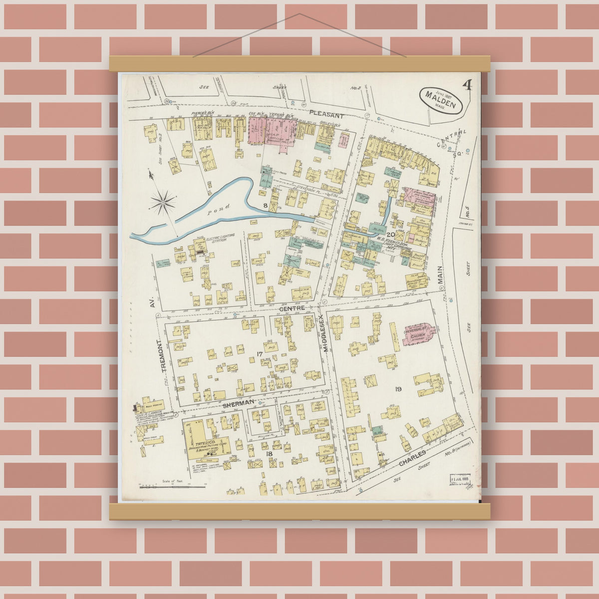 Old map wall art mockup — magnetic wood frame on brick wall — Sanborn Fire Insurance Map from Malden, Middlesex County, Massachusetts (1887), Sheet #0004