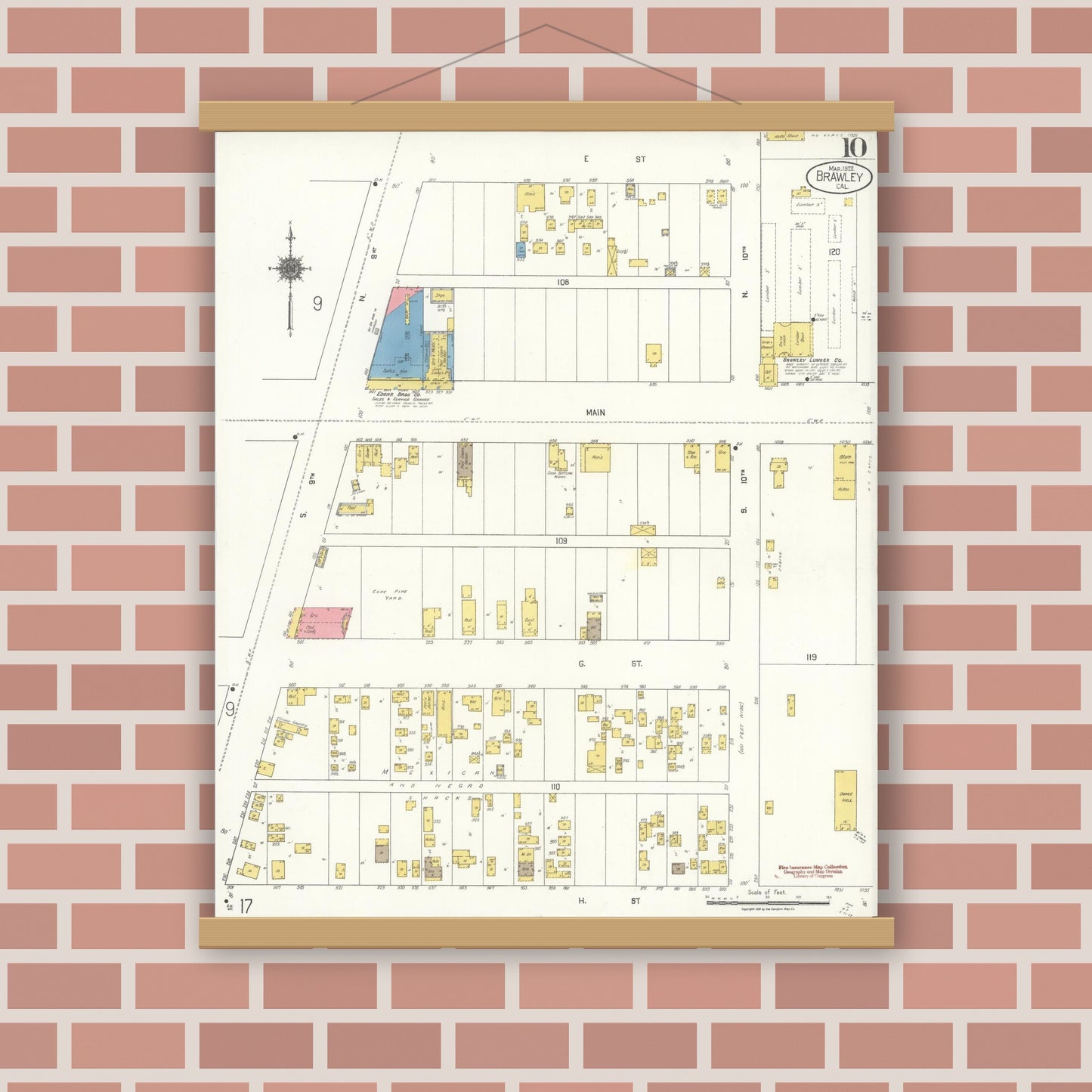 Old map wall art mockup — magnetic wood frame on brick wall — Sanborn Fire Insurance Map from Brawley, Imperial County, California (1922), Sheet #0010
