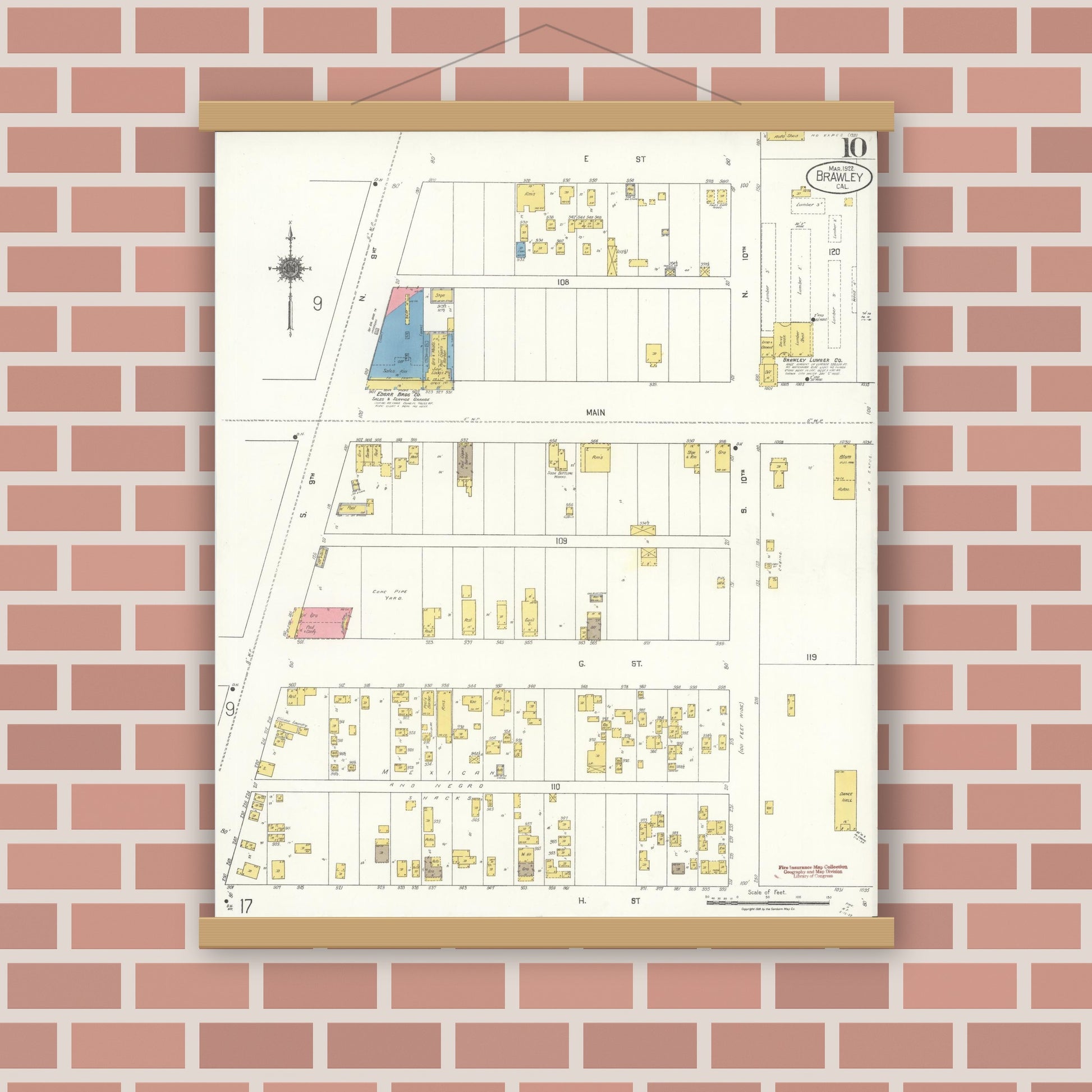 Old map wall art mockup — magnetic wood frame on brick wall — Sanborn Fire Insurance Map from Brawley, Imperial County, California (1922), Sheet #0010