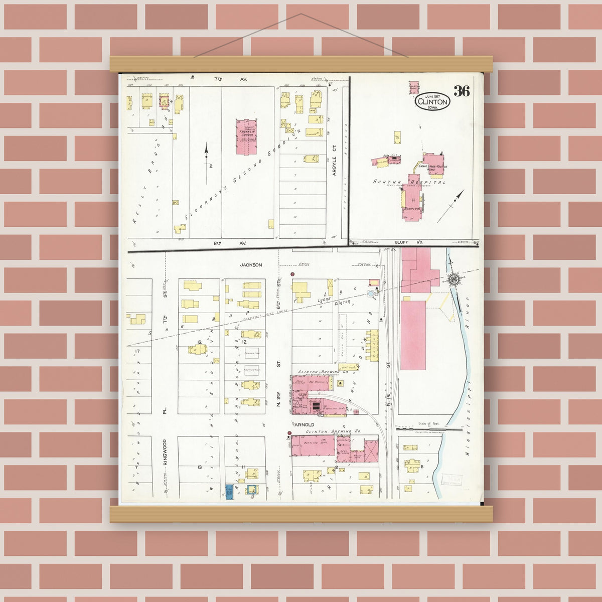 Old map wall art mockup — magnetic wood frame on brick wall — Sanborn Fire Insurance Map from Clinton, Clinton County, Iowa (1917), Sheet #0036