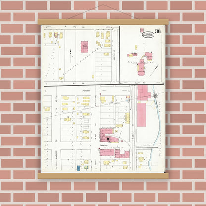 Old map wall art mockup — magnetic wood frame on brick wall — Sanborn Fire Insurance Map from Clinton, Clinton County, Iowa (1917), Sheet #0036