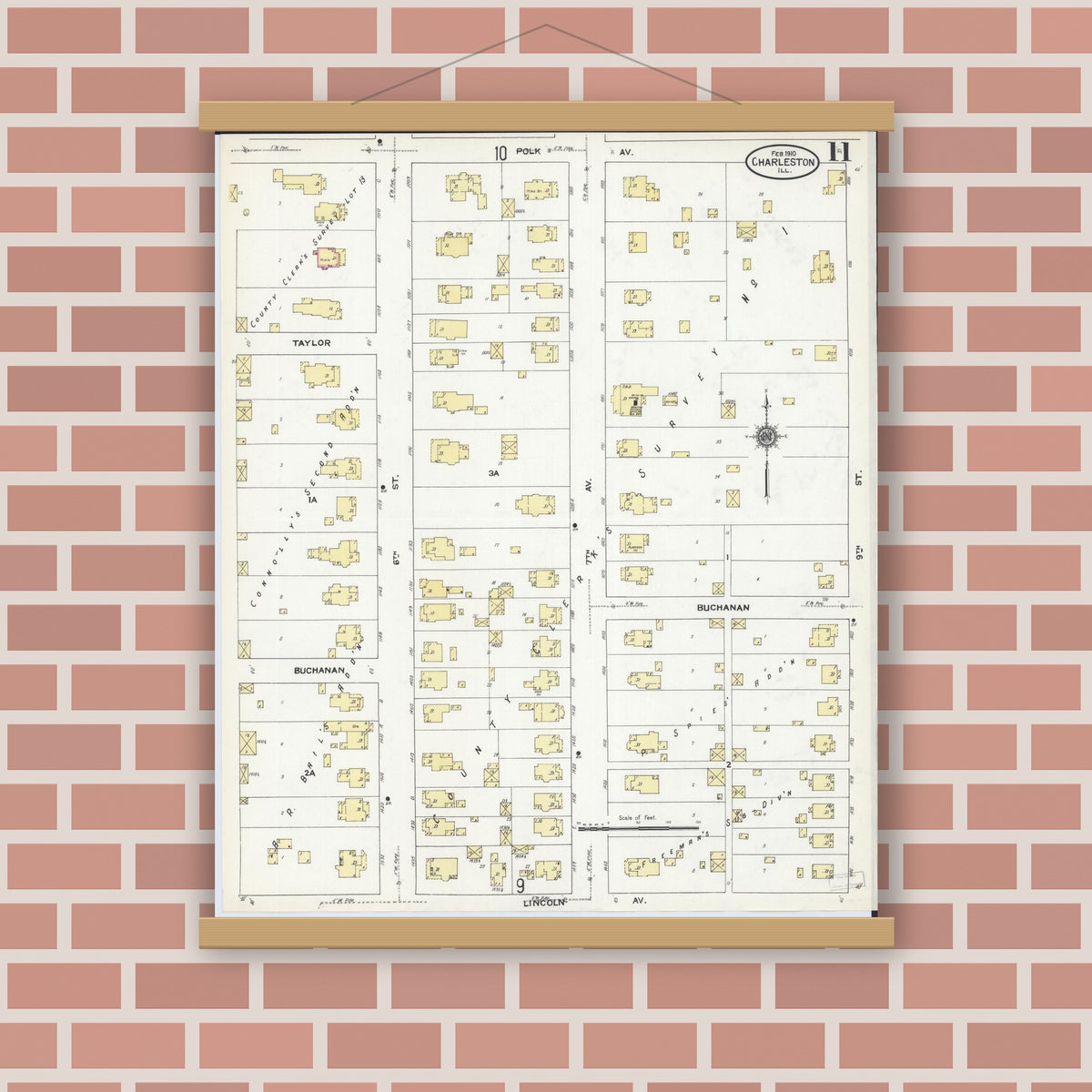 Old map wall art mockup — magnetic wood frame on brick wall — Sanborn Fire Insurance Map from Charleston, Coles County, Illinois (1910), Sheet #0011