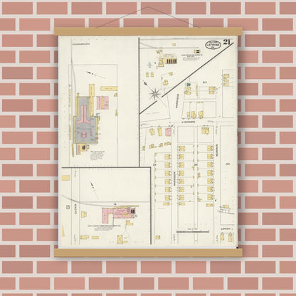 Old map wall art mockup — magnetic wood frame on brick wall — Sanborn Fire Insurance Map from Latrobe, Westmoreland County, Pennsylvania (1909), Sheet #0021