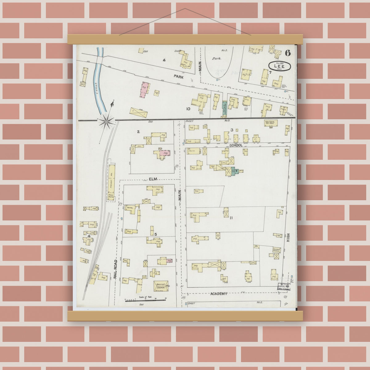 Old map wall art mockup — magnetic wood frame on brick wall — Sanborn Fire Insurance Map from Lee, Berkshire County, Massachusetts (1889), Sheet #0006