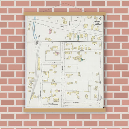 Old map wall art mockup — magnetic wood frame on brick wall — Sanborn Fire Insurance Map from Lee, Berkshire County, Massachusetts (1889), Sheet #0006
