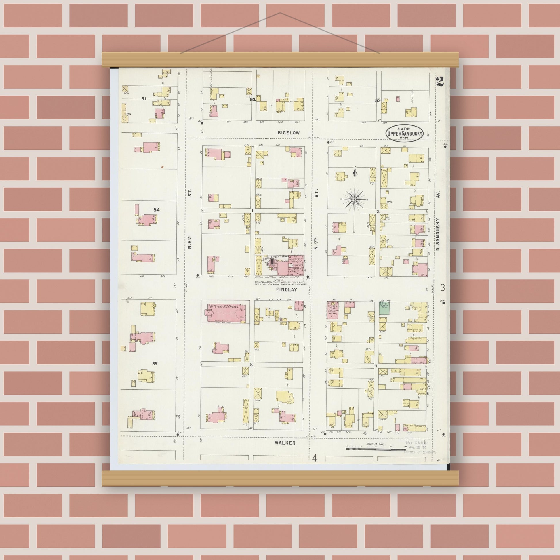 Old map wall art mockup — magnetic wood frame on brick wall — Sanborn Fire Insurance Map from Upper Sandusky, Wyandot County, Ohio (1897), Sheet #0002