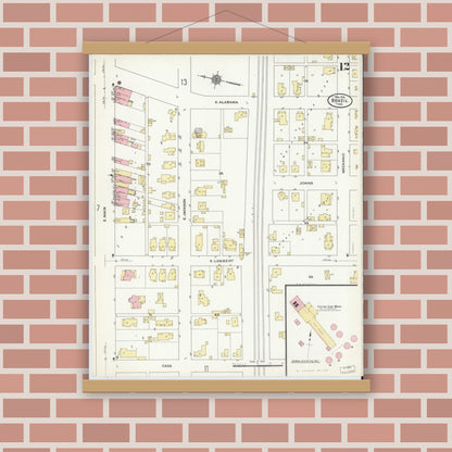 Old map wall art mockup — magnetic wood frame on brick wall — Sanborn Fire Insurance Map from Brazil, Clay County, Indiana (1910), Sheet #0012