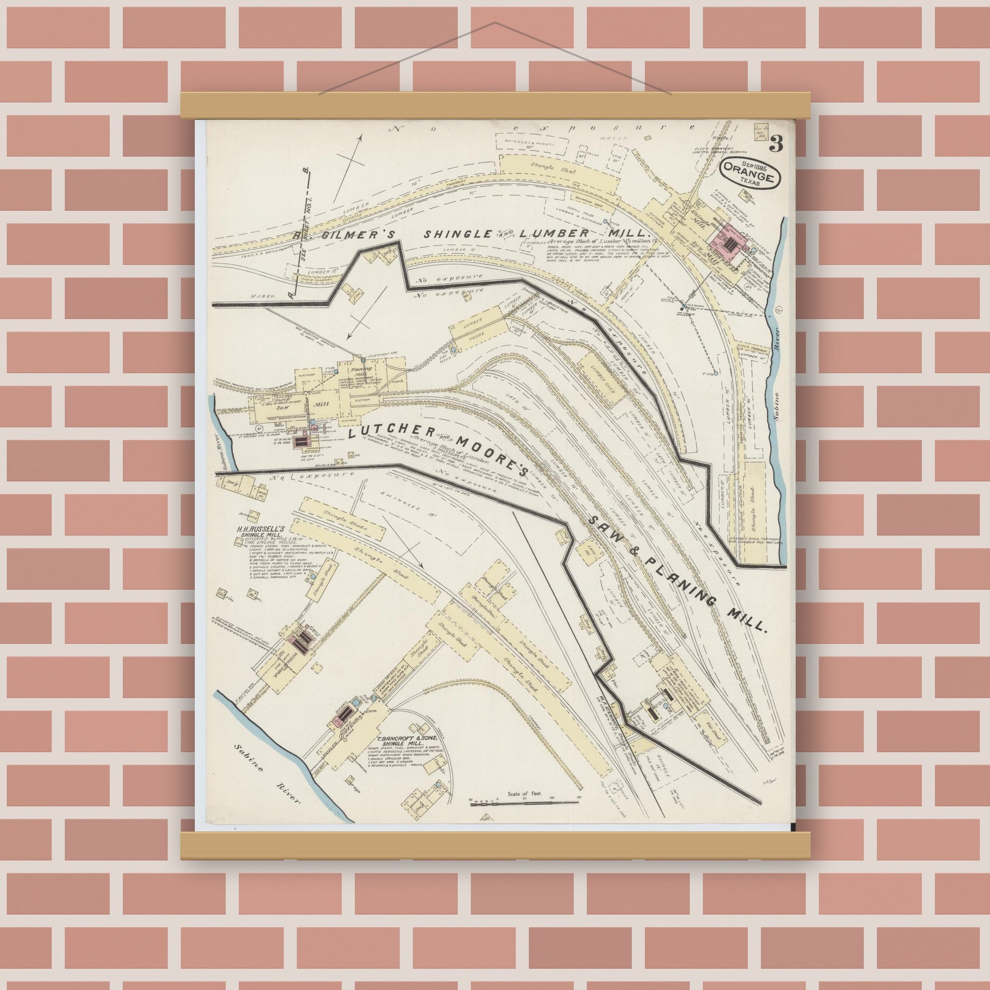 Old map wall art mockup — magnetic wood frame on brick wall — Sanborn Fire Insurance Map from Orange, Orange County, Texas (1885), Sheet #0003