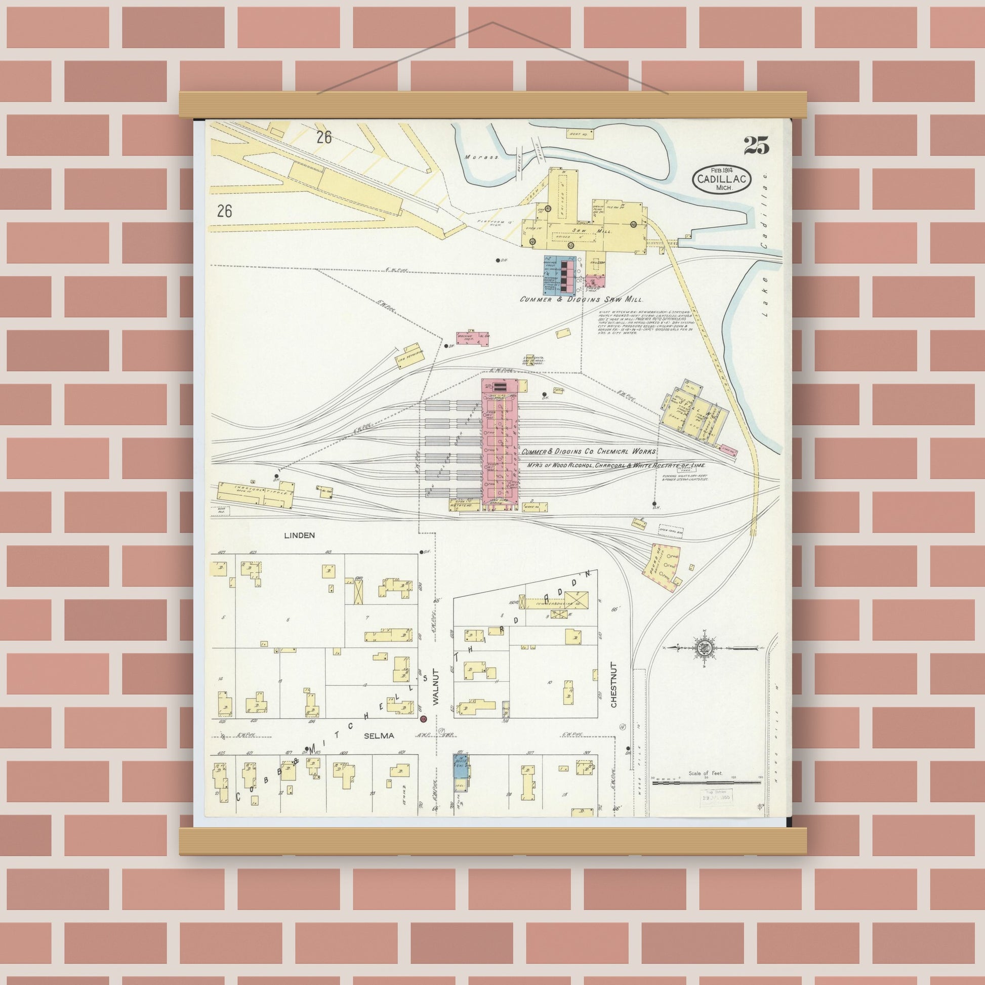 Old map wall art mockup — magnetic wood frame on brick wall — Sanborn Fire Insurance Map from Cadillac, Wexford County, Michigan (1914), Sheet #0025