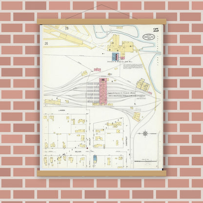 Old map wall art mockup — magnetic wood frame on brick wall — Sanborn Fire Insurance Map from Cadillac, Wexford County, Michigan (1914), Sheet #0025