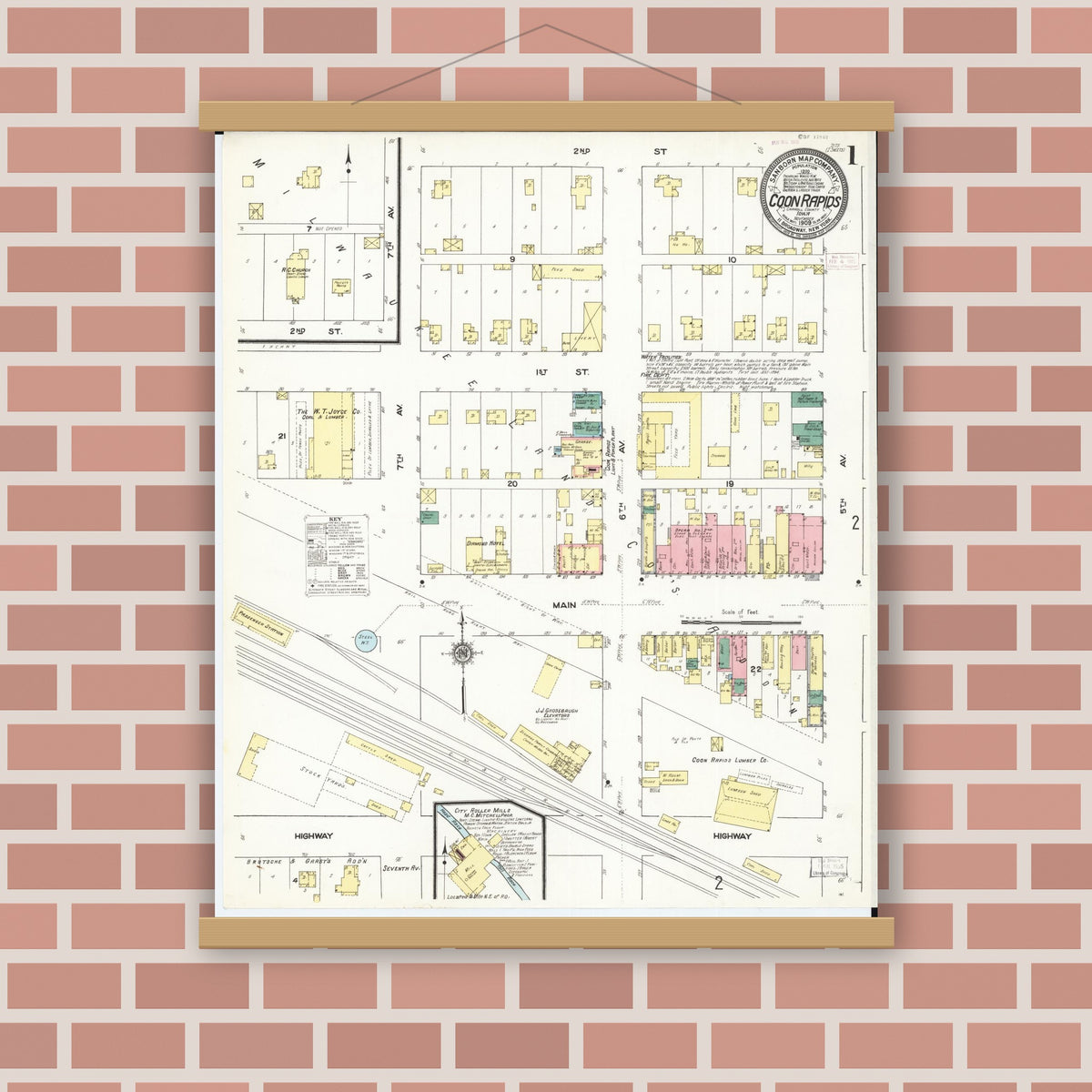 Old map wall art mockup — magnetic wood frame on brick wall — Sanborn Fire Insurance Map from Coon Rapids, Carroll County, Iowa (1909), Sheet #0001