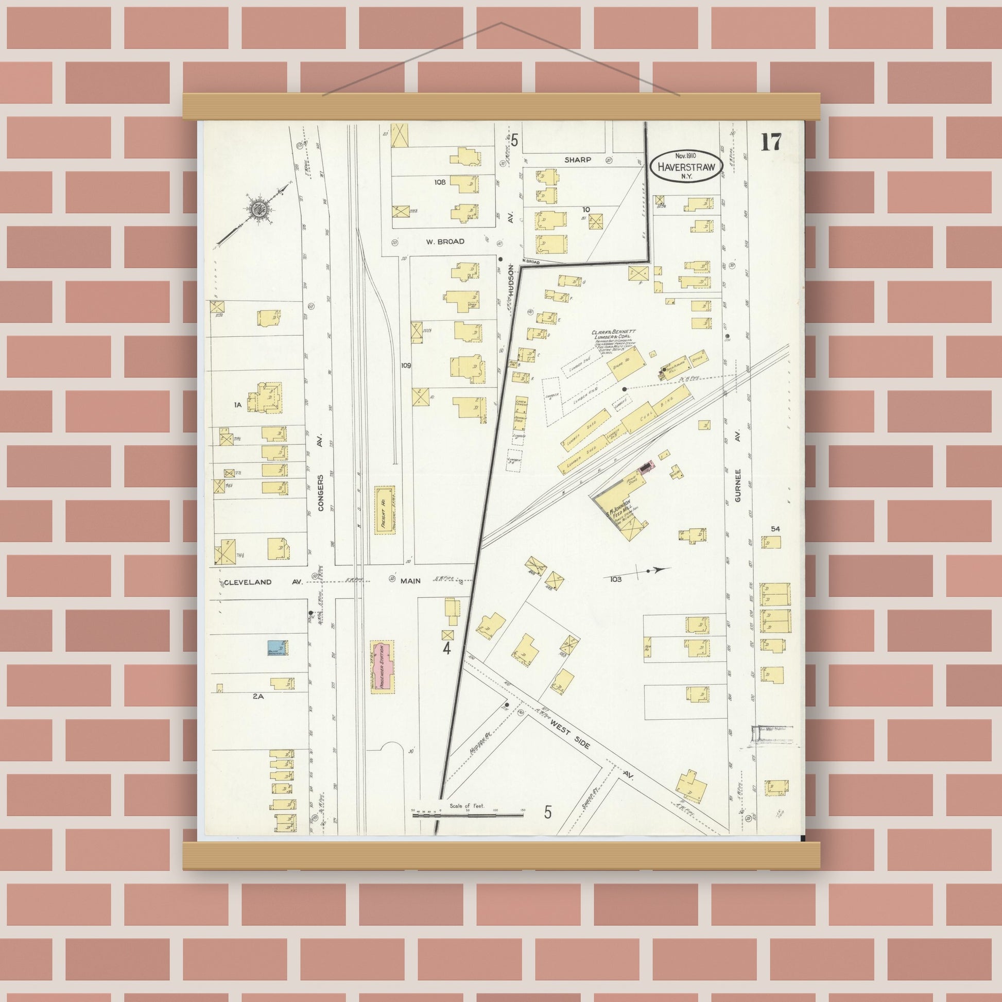 Old map wall art mockup — magnetic wood frame on brick wall — Sanborn Fire Insurance Map from Haverstraw, Rockland County, New York (1910), Sheet #0017