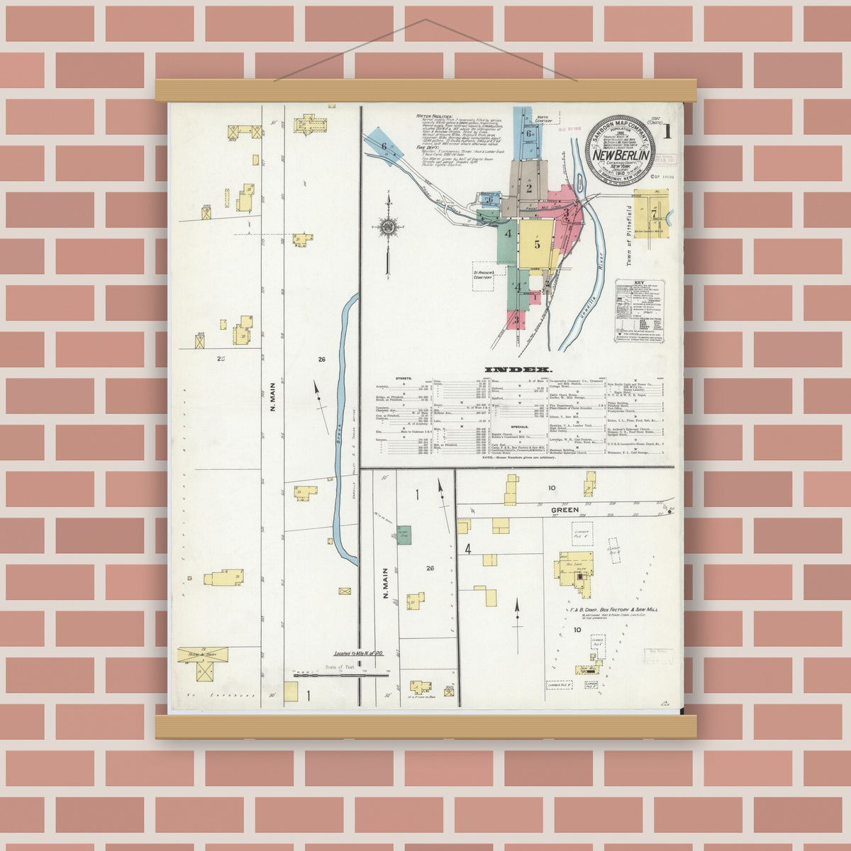Old map wall art mockup — magnetic wood frame on brick wall — Sanborn Fire Insurance Map from New Berlin, Chenango County, New York (1910) - Complete Map Set