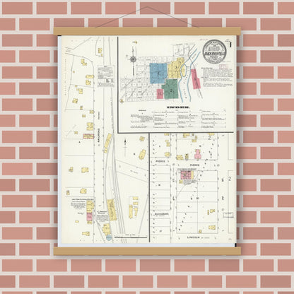 Old map wall art mockup — magnetic wood frame on brick wall — Sanborn Fire Insurance Map from Black River Falls, Jackson County, Wisconsin (1909), Sheet #0001