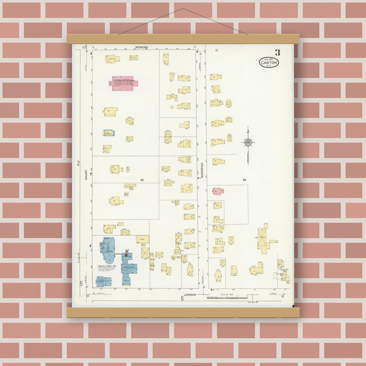 Old map wall art mockup — magnetic wood frame on brick wall — Sanborn Fire Insurance Map from Canton, St. Lawrence County, New York (1913), Sheet #0003
