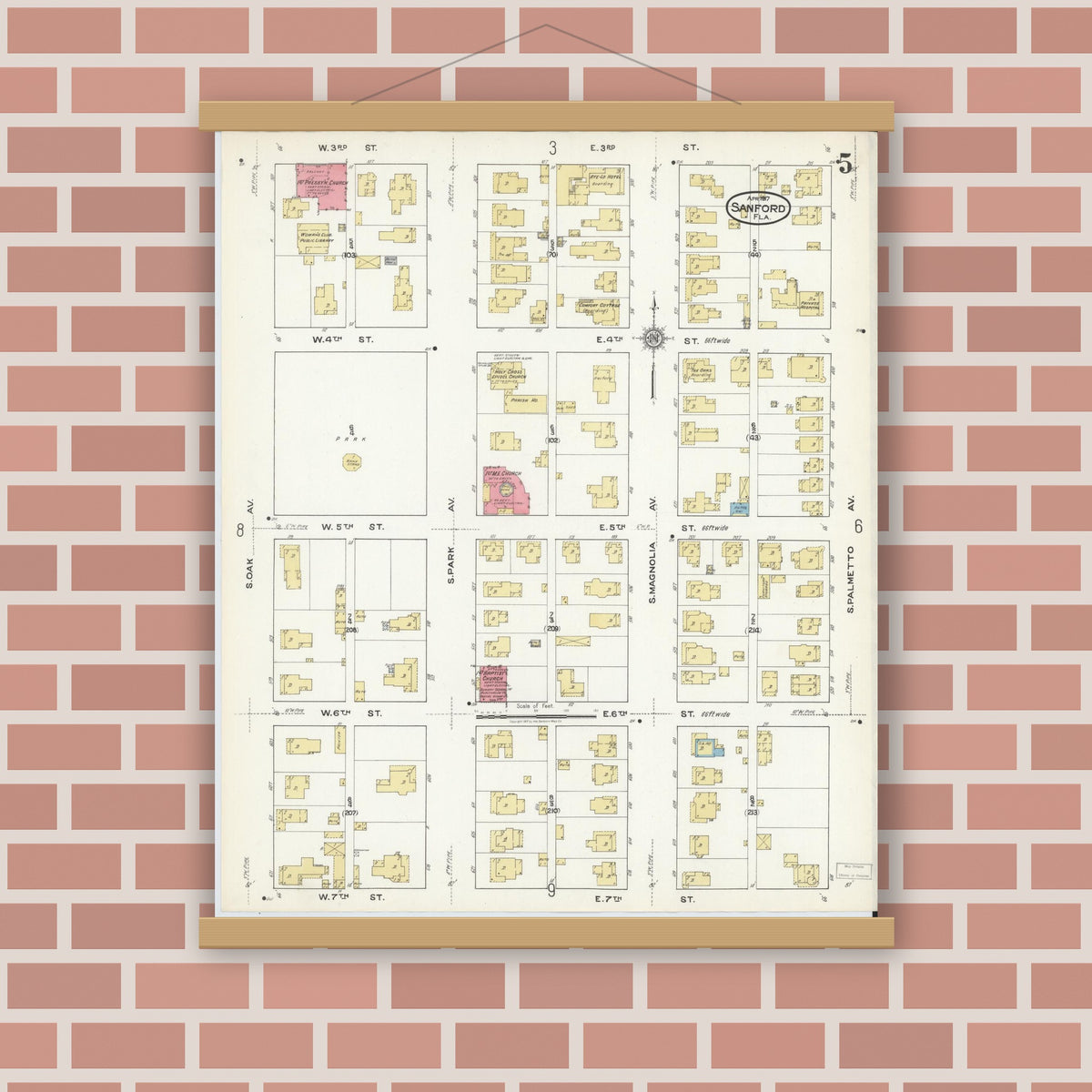 Old map wall art mockup — magnetic wood frame on brick wall — Sanborn Fire Insurance Map from Sanford, Seminole County, Florida (1917), Sheet #0005