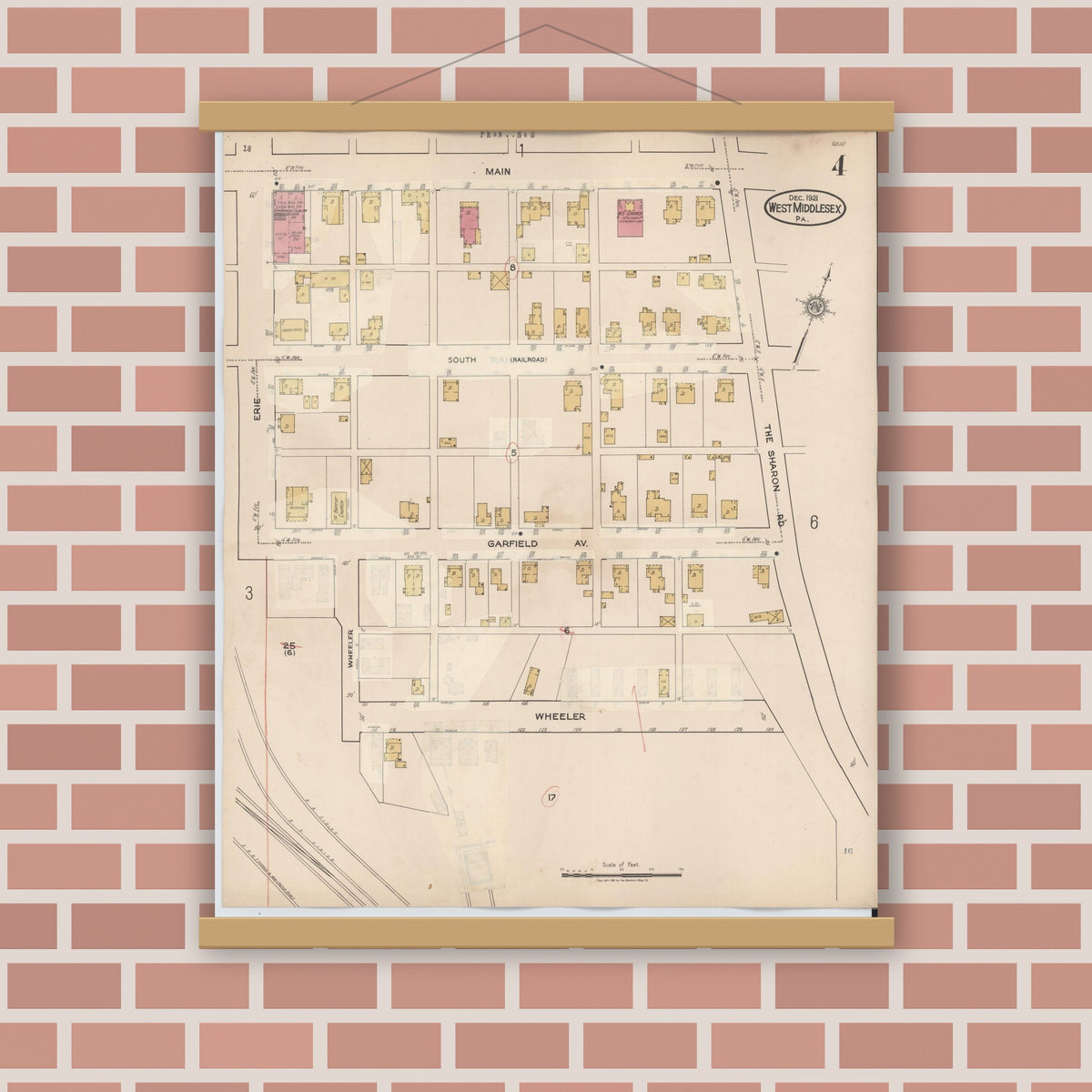 Old map wall art mockup — magnetic wood frame on brick wall — Sanborn Fire Insurance Map from West Middlesex, Mercer County, Pennsylvania (1937), Sheet #0004
