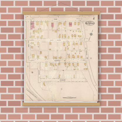Old map wall art mockup — magnetic wood frame on brick wall — Sanborn Fire Insurance Map from West Middlesex, Mercer County, Pennsylvania (1937), Sheet #0004