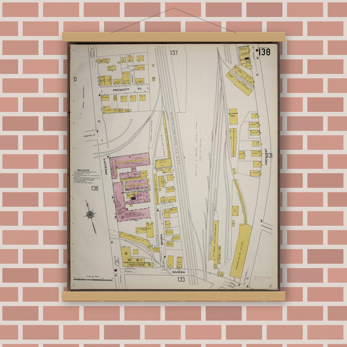 Old map wall art mockup — magnetic wood frame on brick wall — Sanborn Fire Insurance Map from Worcester, Worcester County, Massachusetts (1910), Sheet #0138