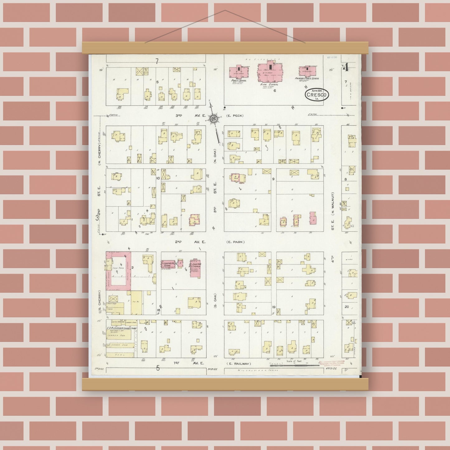 Old map wall art mockup — magnetic wood frame on brick wall — Sanborn Fire Insurance Map from Cresco, Howard County, Iowa (1914), Sheet #0004