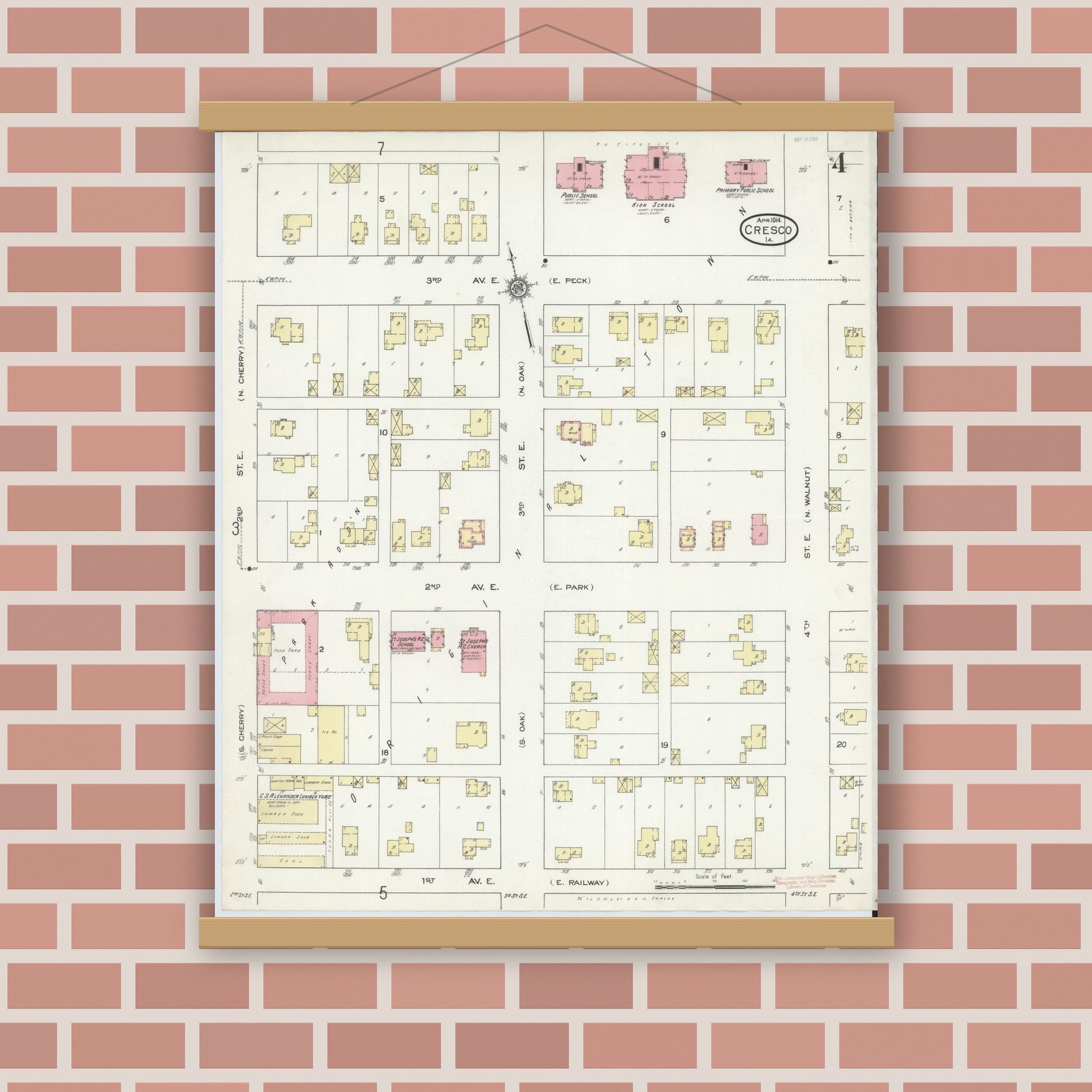 Old map wall art mockup — magnetic wood frame on brick wall — Sanborn Fire Insurance Map from Cresco, Howard County, Iowa (1914), Sheet #0004