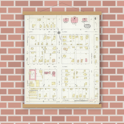 Old map wall art mockup — magnetic wood frame on brick wall — Sanborn Fire Insurance Map from Cresco, Howard County, Iowa (1914), Sheet #0004