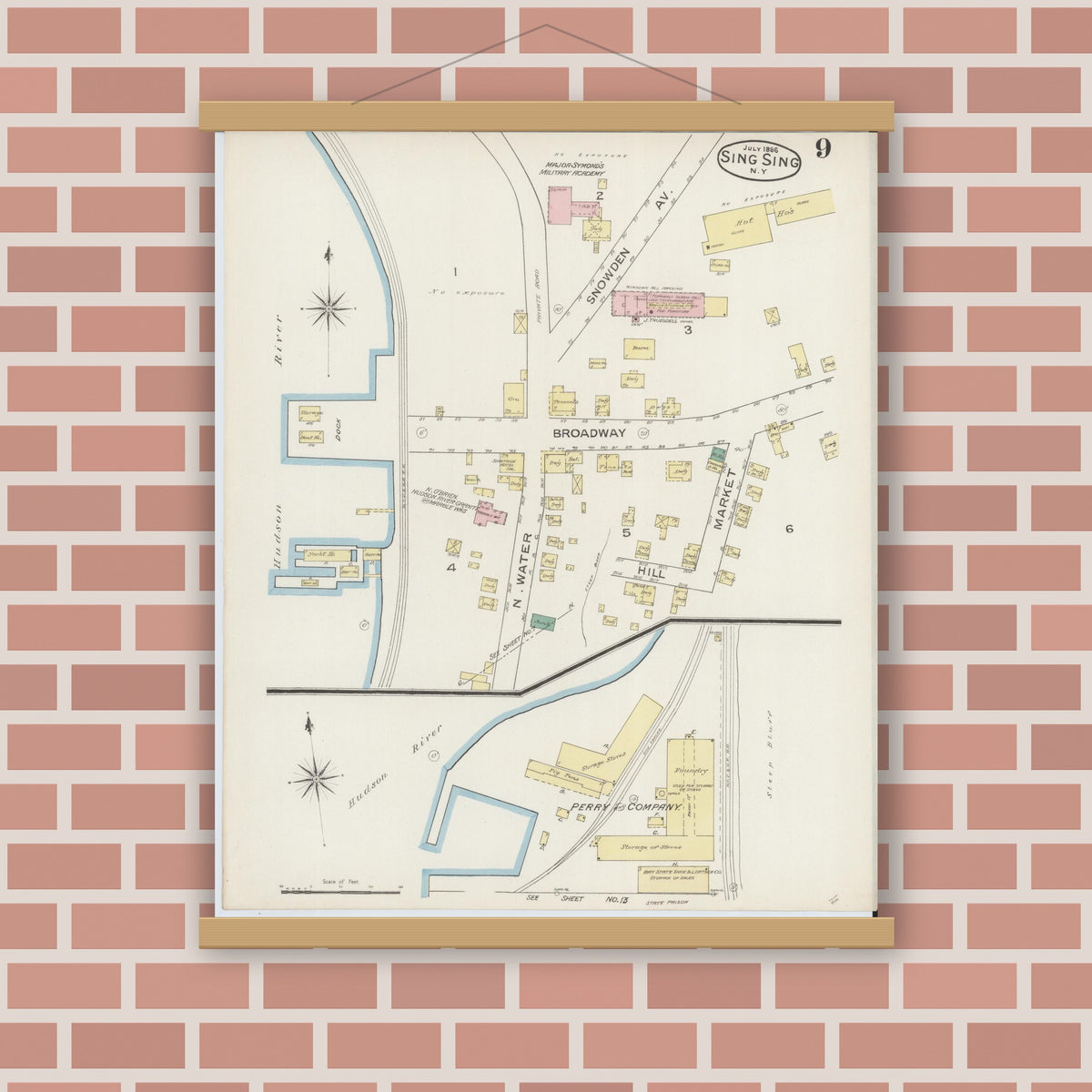 Old map wall art mockup — magnetic wood frame on brick wall — Sanborn Fire Insurance Map from Sing Sing, Westchester County, New York (1886), Sheet #0009