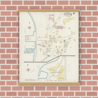 Old map wall art mockup — magnetic wood frame on brick wall — Sanborn Fire Insurance Map from Sing Sing, Westchester County, New York (1886), Sheet #0009